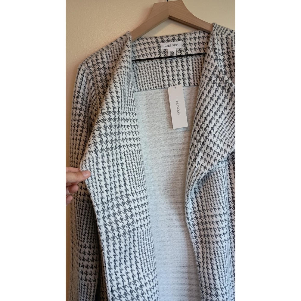 Calvin Klein L Grey Houndstooth Plaid Open Front Soft Knit Coatigan NWT - Picture 6 of 12